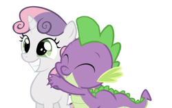 Size: 750x475 | Tagged: artist needed, safe, edit, editor:undeadponysoldier, spike, sweetie belle, dragon, pony, unicorn, g4, cute, diasweetes, female, filly, happy, hug, hug from behind, male, ship:spikebelle, shipping, simple background, straight, white background