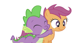 Size: 750x420 | Tagged: safe, artist:dashiesparkle edit, edit, editor:undeadponysoldier, scootaloo, spike, dragon, pegasus, pony, g4, cute, cutealoo, female, filly, male, ship:scootaspike, shipping, simple background, straight, white background