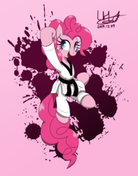 Size: 1600x2027 | Tagged: dead source, safe, artist:livehotsun, pinkie pie, earth pony, pony, g4, action pose, black belt, clothes, dobok, female, gi, jumping, mare, martial arts, pants, robe, signature, solo, taekwondo