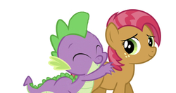 Size: 750x398 | Tagged: safe, artist:reginault, edit, editor:undeadponysoldier, babs seed, spike, dragon, earth pony, pony, g4, crack shipping, cute, female, filly, freckles, hug, hug from behind, male, ship:babspike, shipping, straight