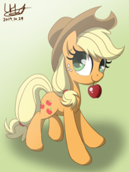 Size: 1600x2133 | Tagged: safe, artist:livehotsun, applejack, earth pony, pony, g4, apple, cowboy hat, cute, female, food, freckles, gradient background, hat, jackabetes, mare, mouth hold, obligatory apple, signature, solo