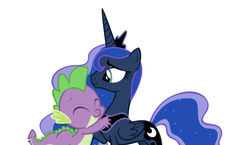 Size: 750x435 | Tagged: safe, edit, editor:undeadponysoldier, princess luna, spike, alicorn, dragon, pony, g4, crown, female, hug, jewelry, male, mare, regalia, ship:spiluna, shipping, simple background, spikelove, straight, white background