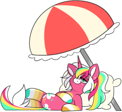 Size: 1452x1334 | Tagged: safe, artist:taaffeiite, derpibooru exclusive, oc, oc only, pony, unicorn, crossed legs, female, mare, multicolored hair, pillow, rainbow hair, simple background, smiling, solo, transparent background, umbrella