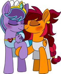 Size: 2129x2597 | Tagged: safe, artist:taaffeiite, oc, oc only, pegasus, pony, blushing, clothes, commission, couple, crown, duo, ear piercing, earring, eyes closed, female, high res, holding hooves, jewelry, lesbian, mare, necklace, piercing, regalia, robe, simple background, smiling, touching muzzles, transparent background