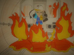 Size: 5151x3863 | Tagged: safe, applejack, earth pony, pony, g4, bipedal, clothes, driver, female, fire, gloves, hard hat, hopeless, lava, male, mare, overalls, rescue, scared, subway, traditional art, train, tunnel, volcano 1997