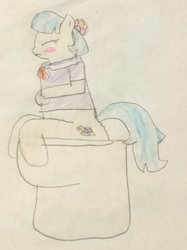 Size: 772x1034 | Tagged: safe, artist:snipiper, coco pommel, earth pony, pony, g4, blushing, but why, fart, female, implied diarrhea, implied farting, implied pooping, sitting on toilet, story included, toilet, traditional art