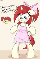 Size: 2312x3420 | Tagged: safe, artist:an-tonio, oc, oc only, oc:golden brooch, oc:silver draw, pony, unicorn, semi-anthro, apron, arm hooves, bipedal, blushing, bow, clothes, duo, eye clipping through hair, female, freckles, hair bow, high res, housewife, looking down, mother and daughter