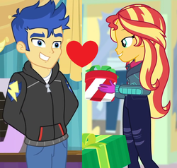 Size: 968x920 | Tagged: safe, edit, edited screencap, screencap, flash sentry, sunset shimmer, best in show: the pre-show, equestria girls, equestria girls specials, g4, my little pony equestria girls: better together, my little pony equestria girls: holidays unwrapped, female, male, ship:flashimmer, shipping, shipping domino, straight