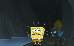 Size: 900x563 | Tagged: safe, artist:atmospark, artist:fryslan0109, changeling, biting, cave, crossover, evil smile, fangs, finger bite, grin, hand over mouth, looking at each other, male, scared, smiling, spongebob squarepants, spongebob squarepants (character), water, worried