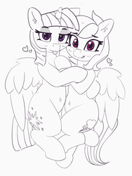 Size: 3001x3989 | Tagged: safe, artist:pabbley, rainbow dash, twilight sparkle, alicorn, pegasus, pony, g4, :p, bedroom eyes, belly button, blushing, female, heart, high res, hug, lesbian, looking at you, mare, monochrome, partial color, ship:twidash, shipping, snuggling, tongue out, twilight sparkle (alicorn)