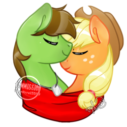 Size: 450x450 | Tagged: safe, artist:helithusvy, applejack, oc, oc:delta hooves, earth pony, pony, g4, canon x oc, commission, couple, dog tags, hat, shipping, ych result