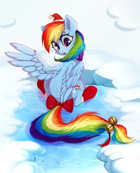 Size: 3320x4080 | Tagged: safe, artist:taneysha, rainbow dash, pegasus, pony, g4, bells, both cutie marks, bow, cheek fluff, christmas, clothes, cute, dashabetes, ear fluff, female, hat, holiday, ice, looking back, mare, open mouth, rainbow dash always dresses in style, ribbon, santa hat, sitting, sleigh bells, snow, socks, solo, spread wings, tail, tail bow, wings