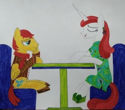 Size: 3220x2835 | Tagged: safe, artist:bsw421, flash magnus, oc, oc:aurora wyler, pegasus, pony, unicorn, g4, brother and sister, chair, cheongsam, clothes, female, high res, male, scarf, shoes, siblings, smiling, table, talking, traditional art
