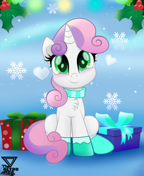 Size: 2400x2945 | Tagged: safe, artist:theretroart88, sweetie belle, pony, unicorn, g4, abstract background, blushing, chest fluff, christmas, clothes, cute, daaaaaaaaaaaw, diasweetes, female, filly, gloves, head tilt, heart, high res, holiday, holly, looking at you, present, scarf, sitting, smiling, snow, snowflake, socks, solo, theretroart88 is trying to murder us, weapons-grade cute