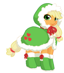 Size: 435x501 | Tagged: safe, artist:norang94, applejack, earth pony, pony, g4, bundled up, christmas stocking, cloak, clothes, cute, female, hatless, hood, jackabetes, looking at you, mare, missing accessory, simple background, solo, transparent background, winter outfit