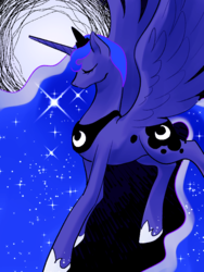 Size: 600x800 | Tagged: safe, artist:norang94, princess luna, alicorn, pony, g4, eyes closed, female, mare, moon, solo, spread wings, wings
