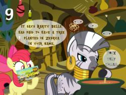 Size: 1024x768 | Tagged: safe, artist:bronybyexception, artist:vector-brony, apple bloom, zecora, earth pony, pony, zebra, g4, 9, advent calendar, censored vulgarity, charity, grawlixes, implied rarity, not rhyming, when she doesn't rhyme, zebrica