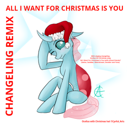 Size: 572x558 | Tagged: safe, artist:cynfularts, artist:gooeybird, edit, ocellus, changedling, changeling, g4, album, album cover, all i want for christmas is you, anatomically incorrect, changeling remix, christmas, christmas changeling, cute, diaocelles, female, hat, hearth's warming, holiday, incorrect leg anatomy, mariah carey, one eye closed, remix, santa hat, sitting, solo, text edit, wink