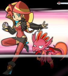 Size: 1000x1104 | Tagged: safe, artist:zukicure5gogo, sunset shimmer, equestria girls, g4, clothes, crossover, female, leotard, poké ball, pokémon, solo, stockings, sunset satan, thigh highs