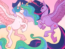 Size: 1600x1200 | Tagged: safe, artist:snowberry, princess celestia, twilight sparkle, alicorn, pony, g4, the last problem, abstract background, duo, ethereal mane, eyes closed, glowing horn, horn, horns are touching, magic, older, older twilight, older twilight sparkle (alicorn), princess twilight 2.0, smiling, spread wings, teacher and student, twilight sparkle (alicorn), unshorn fetlocks, wings