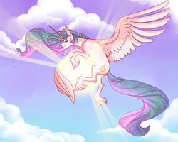 Size: 1280x1024 | Tagged: safe, artist:lady-lorienn, artist:snowberry, princess celestia, alicorn, pony, g4, cloud, embrace, eyes closed, female, misleading thumbnail, sky, smiling, solo, sparkles, spread wings, sun, tangible heavenly object, unshorn fetlocks, wings