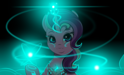 Size: 2800x1700 | Tagged: safe, artist:kody-arts, starlight glimmer, pony, g4, eye reflection, female, futuristic, glowing horn, horn, magic, peytral, reflection, smiling, solo