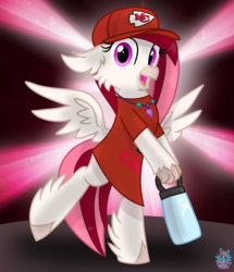Size: 1205x1400 | Tagged: safe, artist:rainbow eevee, oc, oc only, oc:velvet skies, classical hippogriff, hippogriff, g4, adoraskies, bipedal, clothes, cute, female, hat, holding, hydro flask, jewelry, kansas city chiefs, lights, looking at you, necklace, open mouth, shirt, solo, spread wings, standing, standing on one leg, water bottle, wings