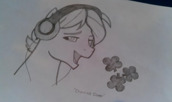 Size: 1200x716 | Tagged: safe, artist:lucas_gaxiola, oc, oc only, oc:charmed clover, earth pony, pony, bust, clover, earth pony oc, female, headphones, lineart, mare, open mouth, smiling, solo, traditional art