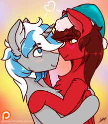 Size: 1024x1180 | Tagged: safe, artist:chebypattern, oc, oc only, oc:cinnamon pop, oc:sekr gray, pegasus, pony, unicorn, abstract background, blushing, bowtie, christmas, female, hat, heart, holiday, hug, looking at each other, love, male, oc x oc, patreon, patreon logo, patreon reward, santa hat, sekramon, shipping, signature, simple background, smiling, straight