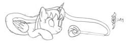 Size: 1142x390 | Tagged: safe, artist:parclytaxel, oc, oc only, oc:parcly taxel, alicorn, genie, genie pony, pony, ain't never had friends like us, albumin flask, series:nightliner, alicorn oc, bottle, female, horn, mare, monochrome, ouroboros, pencil drawing, prone, sketch, solo, traditional art
