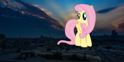 Size: 3840x1938 | Tagged: safe, artist:luckreza8, artist:thegiantponyfan, fluttershy, pegasus, pony, g4, city, female, giant pony, giantess, highrise ponies, irl, macro, mare, night, photo, ponies in real life, scenery