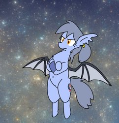 Size: 679x702 | Tagged: safe, artist:kushina13, oc, oc only, oc:oriponi, bat pony, pony, bat pony oc, crossed arms, ear piercing, earring, female, flying, frown, jewelry, mare, piercing, solo, space, wristband