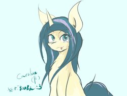 Size: 1600x1200 | Tagged: safe, artist:k_clematis, oc, oc only, oc:caroline, pony, unicorn, bust, chest fluff, female, horn, mare, simple background, smiling, solo, tongue out, unicorn oc