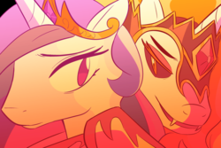 Size: 1181x787 | Tagged: safe, artist:burgeroise, daybreaker, princess celestia, pony, g4, close-up, duality, fangs, looking at each other, slit pupils, temptation