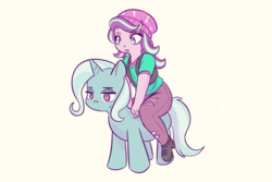 Size: 1181x787 | Tagged: safe, artist:burgeroise, starlight glimmer, trixie, pony, unicorn, equestria girls, g4, duo, humans riding ponies, riding, simple background, starlight glimmer riding trixie, trixie is not amused, unamused, white background