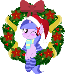Size: 5000x5786 | Tagged: safe, artist:jhayarr23, sea swirl, seafoam, pony, unicorn, g4, background pony, blushing, bow, christmas, clothes, cute, female, hat, hearth's warming, holiday, jhayarr23's holiday ych, mare, movie accurate, one eye closed, santa hat, scarf, simple background, socks, solo, striped socks, transparent background, wink, wreath, ych result