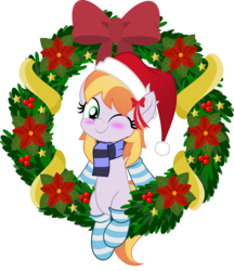 Size: 5000x5786 | Tagged: safe, artist:jhayarr23, copper top, earth pony, pony, g4, alternate hairstyle, blushing, bow, christmas, clothes, cute, female, hat, holiday, jhayarr23's holiday ych, mare, movie accurate, one eye closed, santa hat, scarf, simple background, socks, solo, striped socks, transparent background, wink, wreath, ych result