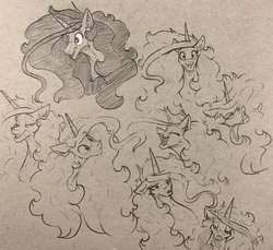 Size: 2048x1878 | Tagged: safe, artist:greyscaleart, princess celestia, alicorn, pony, annoyed, bust, celestia is not amused, confused, eyes closed, female, floppy ears, happy, laughing, lidded eyes, looking at you, mare, monochrome, sketch, sketch dump, smuglestia, solo, traditional art, unamused