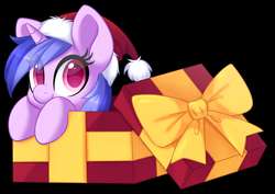 Size: 2894x2049 | Tagged: safe, artist:scarlet-spectrum, part of a set, sea swirl, seafoam, pony, unicorn, g4, background pony, box, christmas, cute, daaaaaaaaaaaw, female, hat, hearth's warming, high res, holiday, mare, pony in a box, present, santa hat, seadorable, simple background, solo, ych result