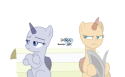 Size: 3660x2250 | Tagged: safe, artist:doraair, oc, oc only, alicorn, pony, alicorn oc, annoyed, base, bench, crossed arms, duo, frown, high res, horn, newspaper, simple background, sitting, transparent background