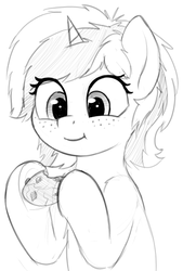 Size: 904x1338 | Tagged: safe, artist:zippysqrl, oc, oc only, oc:sign, pony, unicorn, bust, cookie, cute, eating, female, food, freckles, grayscale, happy, hoof hold, monochrome, solo, underhoof