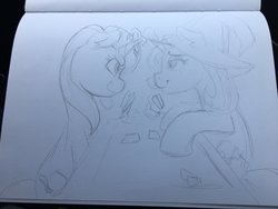 Size: 2048x1536 | Tagged: safe, artist:cadetredshirt, starlight glimmer, trixie, pony, unicorn, g4, card game, clothes, determined, duel, hat, horns, magic the gathering, paper, photo, rivalry, sitting, sketch, smug, traditional art, witch hat