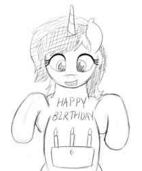 Size: 1000x1200 | Tagged: safe, artist:mkogwheel, oc, oc only, oc:sign, pony, unicorn, belly, belly button, body writing, female, grayscale, monochrome, simple background, solo, white background, zippysqrl's birthday