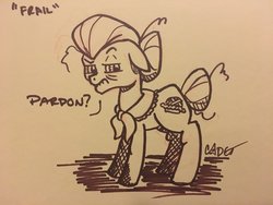 Size: 4032x3024 | Tagged: safe, artist:cadetredshirt, granny smith, earth pony, pony, g4, clothes, female, floppy ears, hair bun, ink, ink drawing, inktober, inktober 2019, looking at camera, looking at you, skeptical, sketch, solo, standing, traditional art
