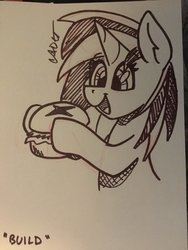 Size: 1536x2048 | Tagged: safe, artist:cadetredshirt, dj pon-3, vinyl scratch, pony, unicorn, g4, burger, eating, female, food, horn, ink, ink drawing, inktober, inktober 2019, missing accessory, no glasses, sketch, smiling, solo, traditional art, two toned mane