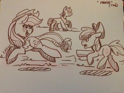 Size: 2048x1536 | Tagged: safe, artist:cadetredshirt, apple bloom, applejack, big macintosh, earth pony, pony, g4, bow, catching, clothes, drawing, floppy ears, frolic, frolicking, hair bow, hat, ink, ink drawing, inktober, inktober 2019, smiling, traditional art