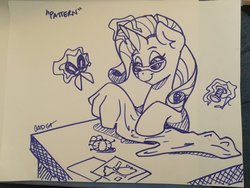 Size: 2048x1536 | Tagged: safe, artist:cadetredshirt, rarity, pony, unicorn, g4, accessory, ear fluff, fabric, female, glasses, horn, ink, ink drawing, inktober, inktober 2019, magic, pattern, pincushion, scissors, sitting, solo, table, thread, traditional art