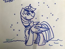 Size: 2048x1536 | Tagged: safe, artist:cadetredshirt, twilight sparkle, alicorn, pony, g4, clothes, female, ink, ink drawing, inktober, inktober 2019, looking up, scarf, smiling, snow, solo, traditional art, twilight sparkle (alicorn), wings, wings down
