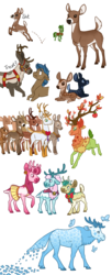 Size: 1800x4400 | Tagged: safe, artist:jackiebloom, alice the reindeer, aurora the reindeer, bori the reindeer, king aspen, the great seedling, oc, oc:magnoliophyta, oc:queen juniper, butterfly, deer, earth pony, elk, fawn, moose, pegasus, pony, reindeer, g4, animal, cloven hooves, deer oc, doe, female, headcanon, male, simple background, stag, transparent background, whitetail deer