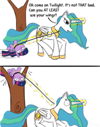 Size: 793x1008 | Tagged: safe, artist:chopsticks, princess celestia, twilight sparkle, alicorn, pony, g4, comic, female, flying, leash, levitation, magic, mare, simple background, telekinesis, tree, twiggie, twilight sparkle (alicorn), unamused